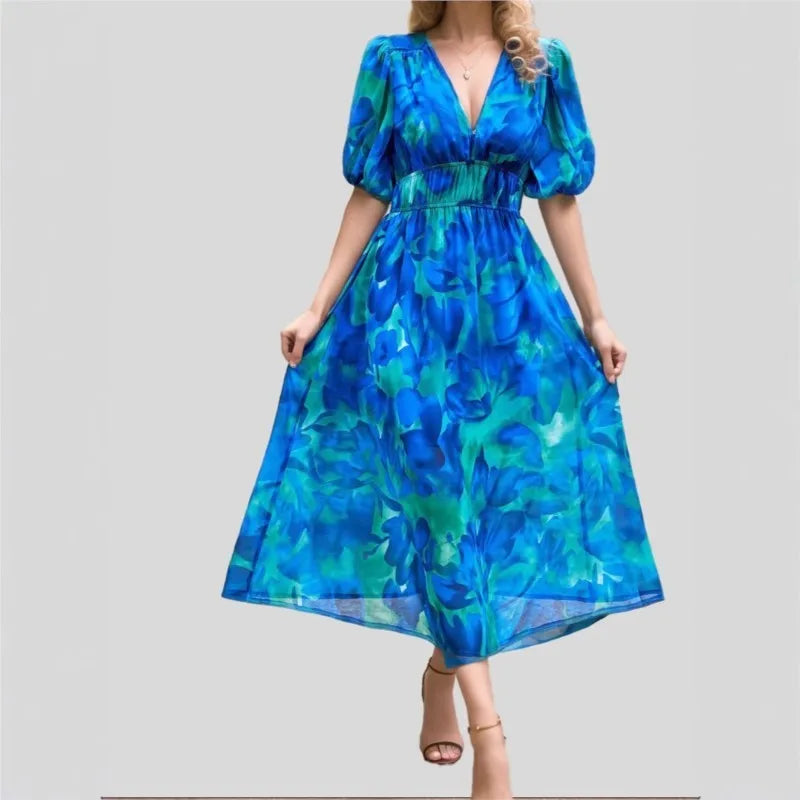 Women's summer dress 2025 fashion printed waist-cinching dress; holiday long dress; party dress; ladies' clothing.