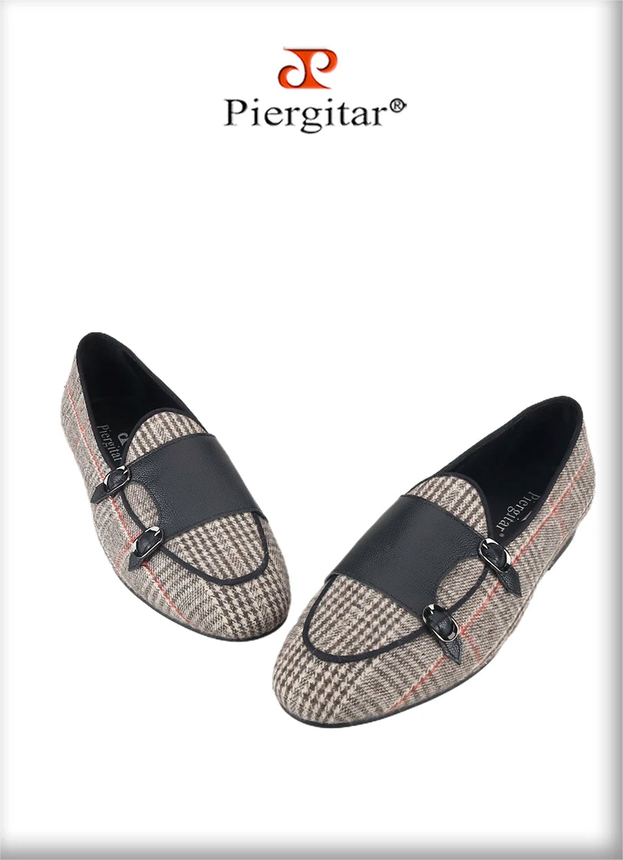 Piergitar 2024 Summer Style Plaid Cotton Men's Loafers Handmade Stitching Metal Buckle Monk Slippers Breathable Leather Insole