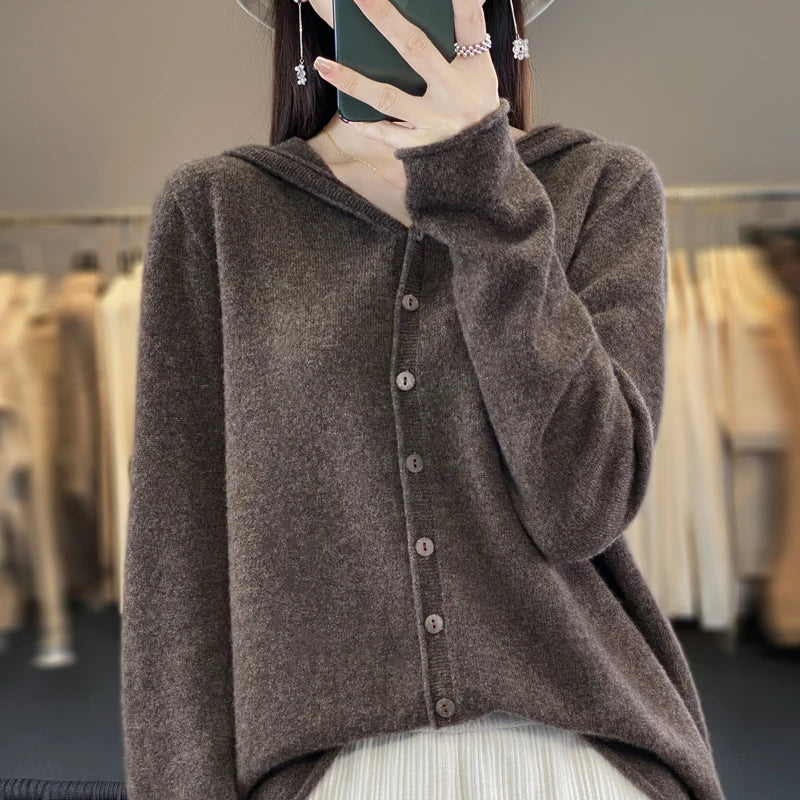 First Line 100% Merino Wool Knitted Cardigan Women's Autumn And Winter Hoodie Loose Sweater Fashionable Versatile Coat Top YC014