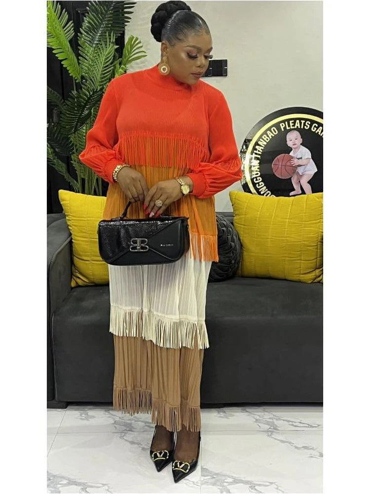 Women's Pleated Puff Sleeve Tassel Dress