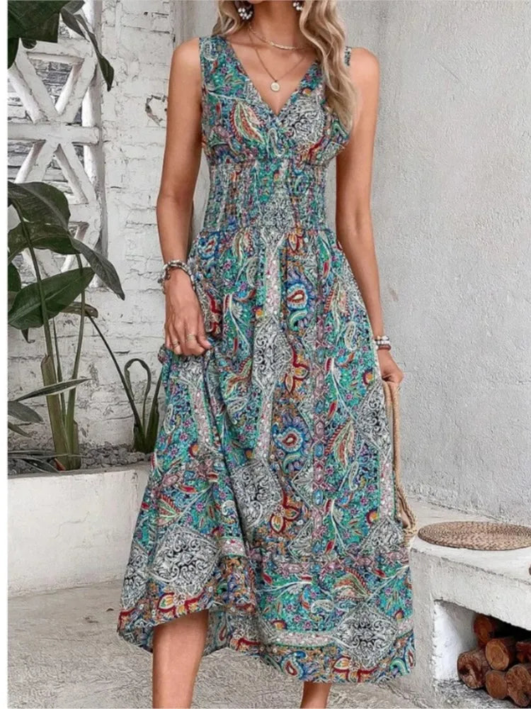 Summer Boho Print Women Fashion Sleeveless Beach Party Dresses