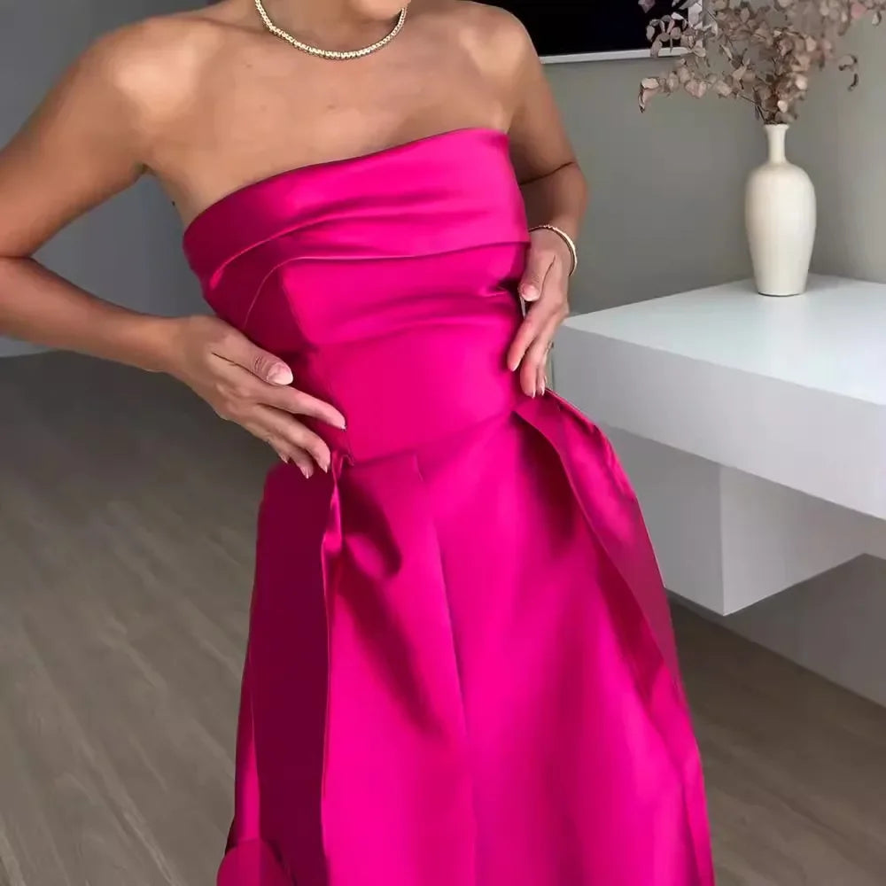 European and American Fashion Strapless, High-waisted Evening Gown, Women Design Sense Stitching Wafer Satin Sexy Dress Vestidos