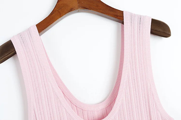 2025 Summer New in Pink Sleeveless Ribbed Knit Bodycon Mini Dress Versatile Work & Casual Outfit