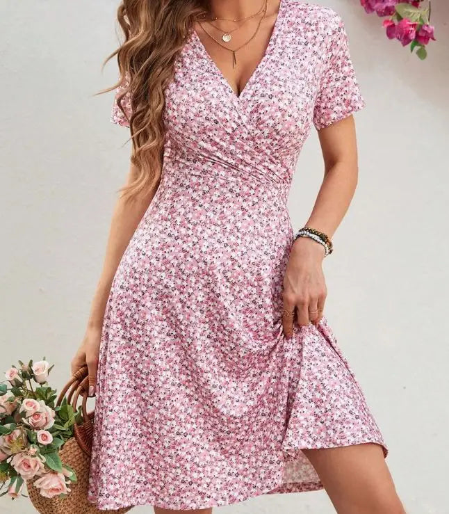 Floral Print Mini Dress Short Sleeve Midi Skirt Women's Fashion Spring Summer V Neck Polyester Fiber Regular Waistline Dress