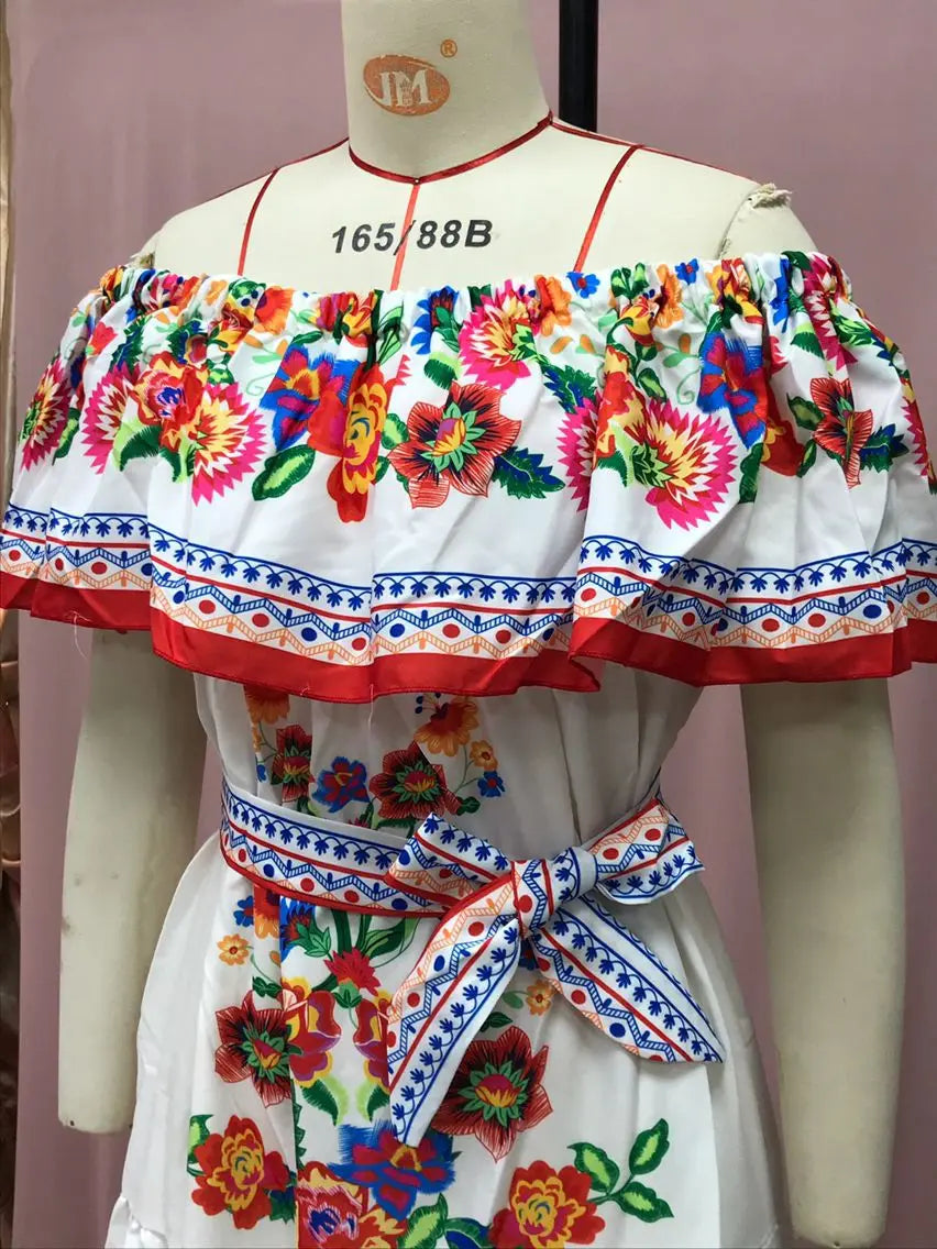2024 Spring/Summer New Women Retro Fashion One Shoulder Red Flower Printed Waist Collection Long Style Large Swing Casual Dress