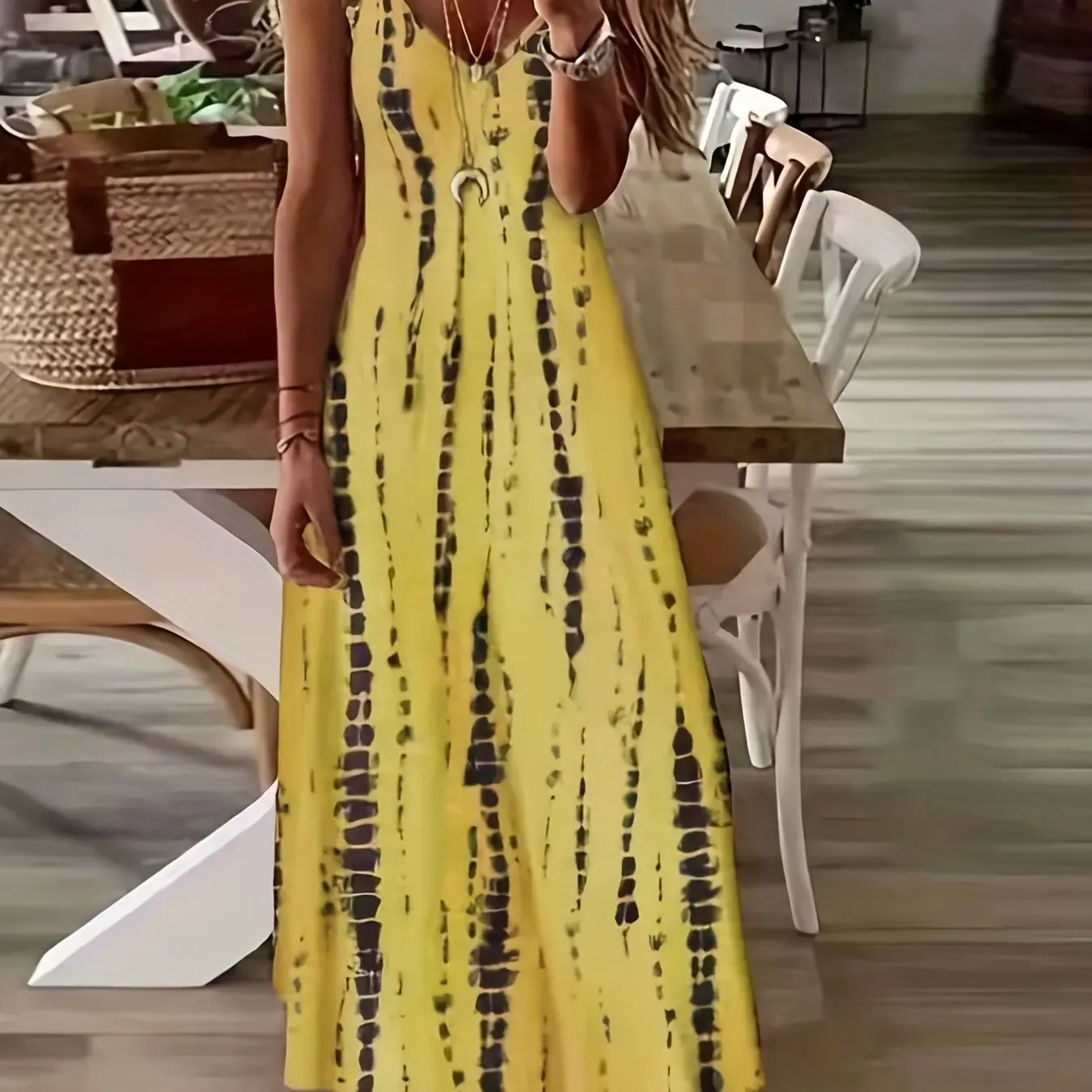 Blue Tribal Pattern Print Beach Vacation Casual Suspender Dress Fashionable Casual Sleeveless Loose Suspender Ankle Length Dress