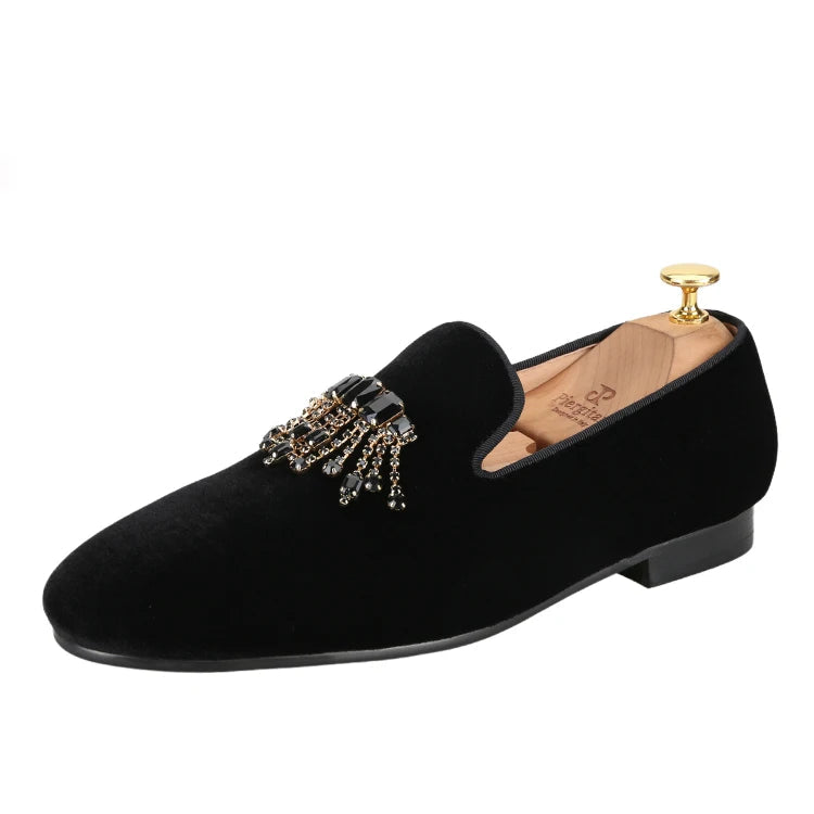 Black Color Men's Velvet Shoes for Weddings and Parties with Handmade Rhinestones Buckle