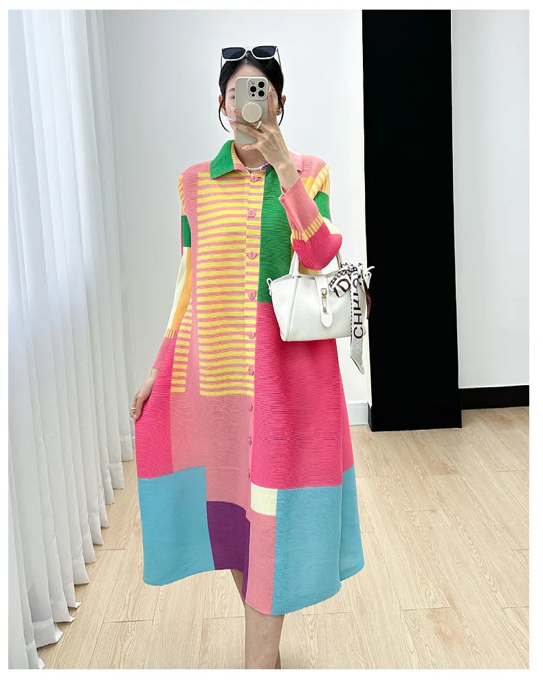 Miyake Women's Color Matching Dress, Autumn and Winter New Fashion Print Pleats, Medium Length, Loose Length Skirt