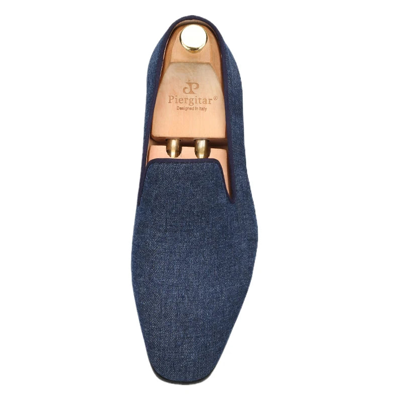 New Summer Style Navy Denim Mens Loafers with Red Outsole and Breathable Leather Insole plus Size