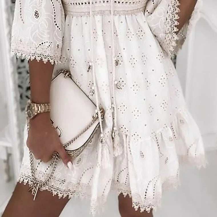 Women's White Hollow Lace up Mini Dress