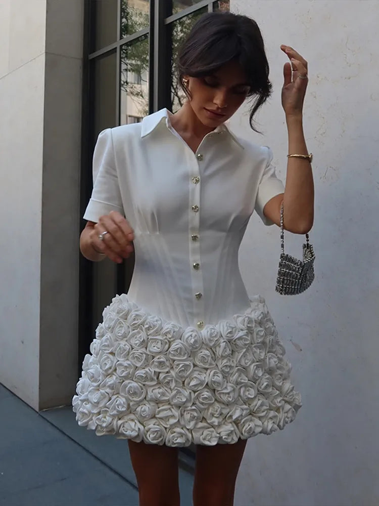Short Sleeve White Dress with 3D Flower Women's Lapel Button Pleat Neck