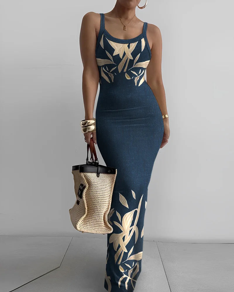 Gradient Printed Long Dress Summer New Women's Fashionable Printed Sexy Sleeveless Suspender Slim Fit Hip Hugging Long Dress