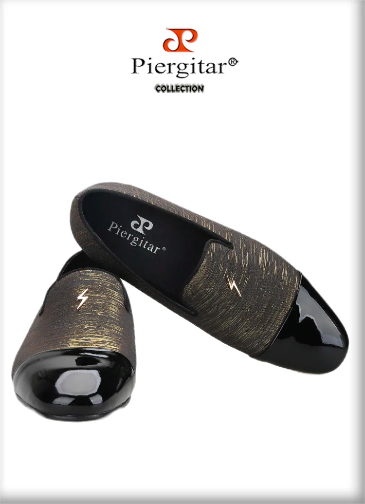 Piergitar 2023 New Three Colors Striped Silk Men's Loafers With Front Patent Leather Handmade Moccasins For Party And Banquet