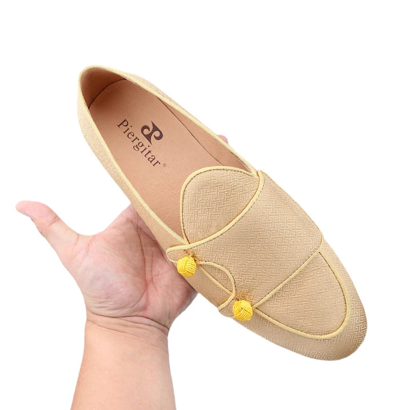 Chinese Imperial Style Silk Men's Monk Shoes Handmade Balls Buttons Slip-On Smoking Shoes