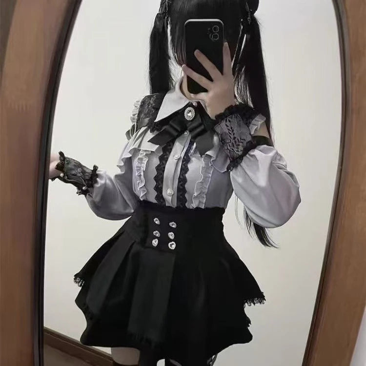 Y2k Aesthetic Lolita Style Bow Dress Shorts Set Japanese Women Gothic Lace Flare Sleeve Button Shirt Dress Punk Party Mini Dress