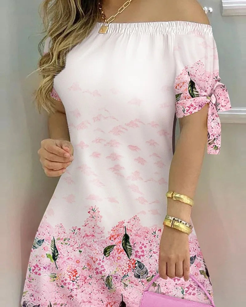 3XL Women's Casual Gradient Off Shoulder Short Sleeve Dress Bow Print Mini Dress