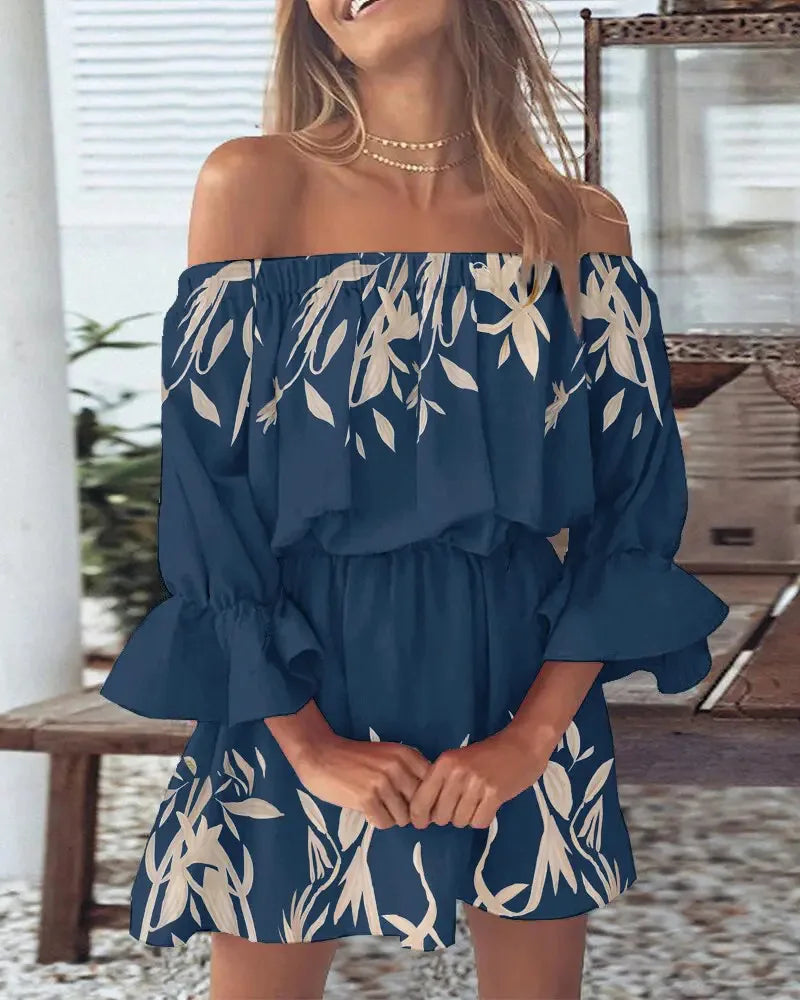 Sexy Slash Neck Long Flare Sleeve Floral Print Mini Dress Summer Women Boho Party Vestidos NMD-6650