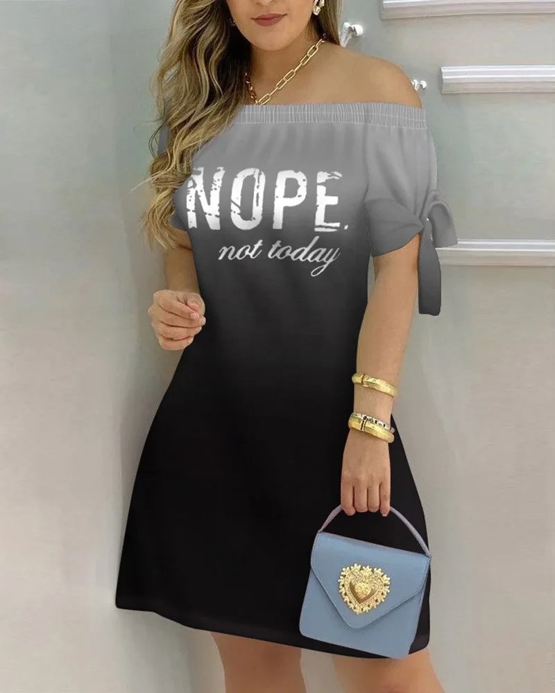 3XL Women's Casual Gradient Off Shoulder Short Sleeve Dress Bow Print Mini Dress