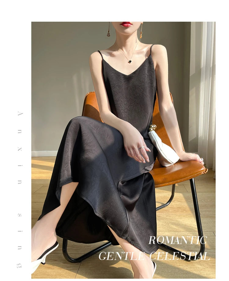 2025 New 100% Anti Wrinkle Mulberry Silk Strap Dress for Women's Summer New Loose Long Skirt