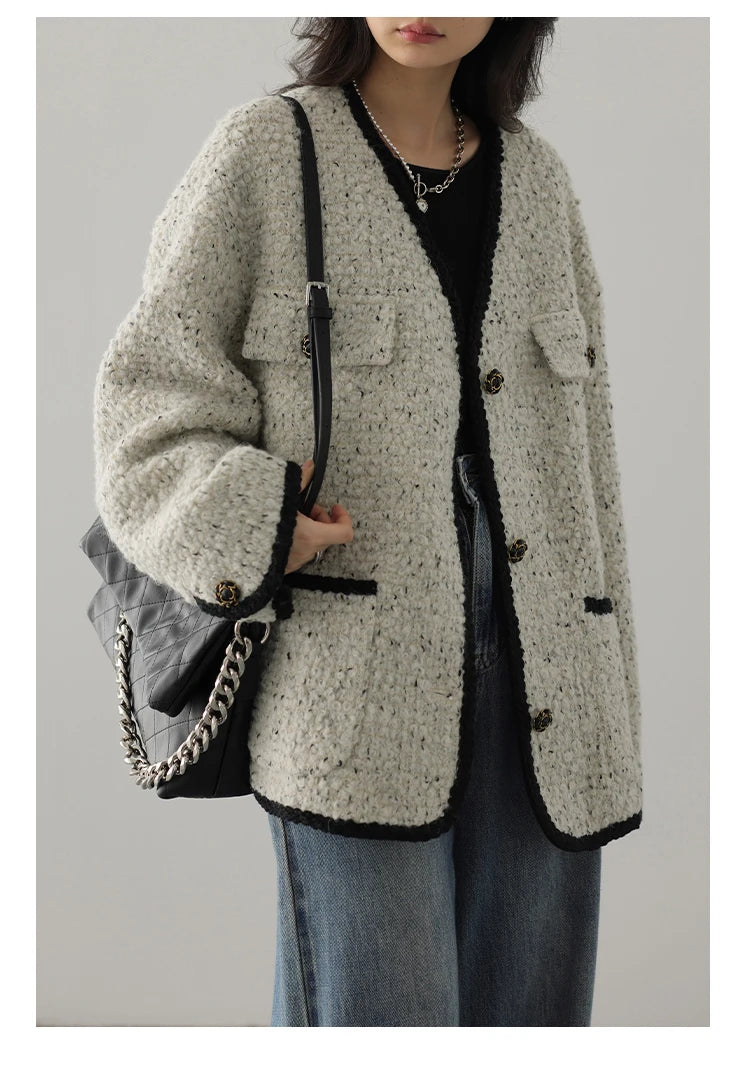 CHIC VEN Women's Woolen Coat Heavy Industry Down Jacket Vintage V-Neck Woman Down Coat Female Tops Autumn Winter 2024