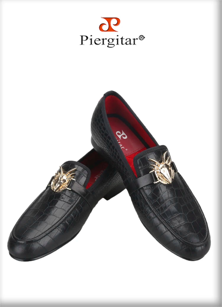 Piergitar Black Cow Leather Men Smoking Slippers Fashion Metal Buckle Handmade Slip-On Loafers For Wedding And Party Plus Size