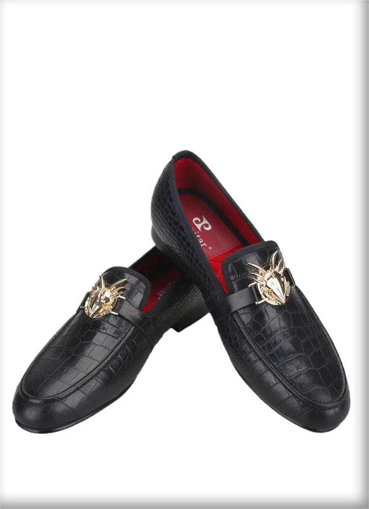 Black Cow Leather Men Smoking Loafers Fashion Metal Buckle Handmade Slide-On Loafers Wedding And Party Plus size