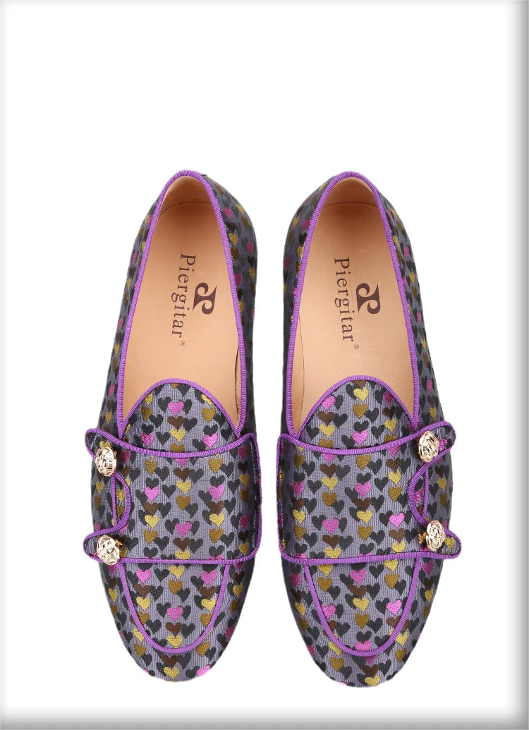 Men's slip-on monk shoes with gold buttons and a violet color silk heart jacquard, made by hand.