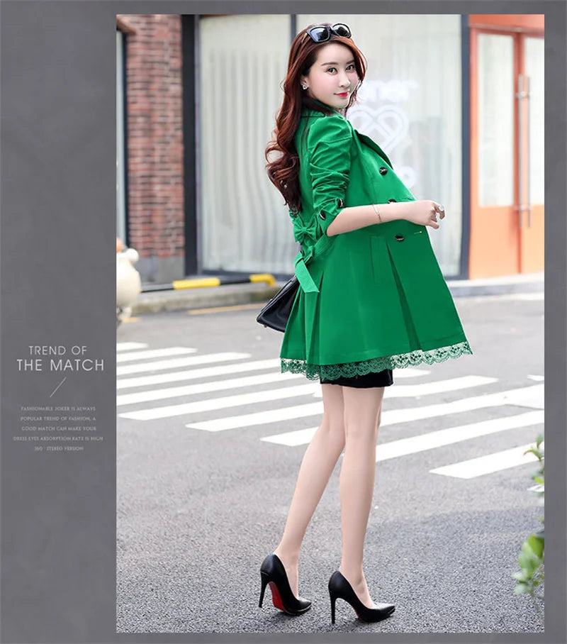 2025Spring Autumn New Windbreaker Coat Women Fashion Slim Mid Long Lace Trench Coat Female Casual Double-breasted Outerwear Tops