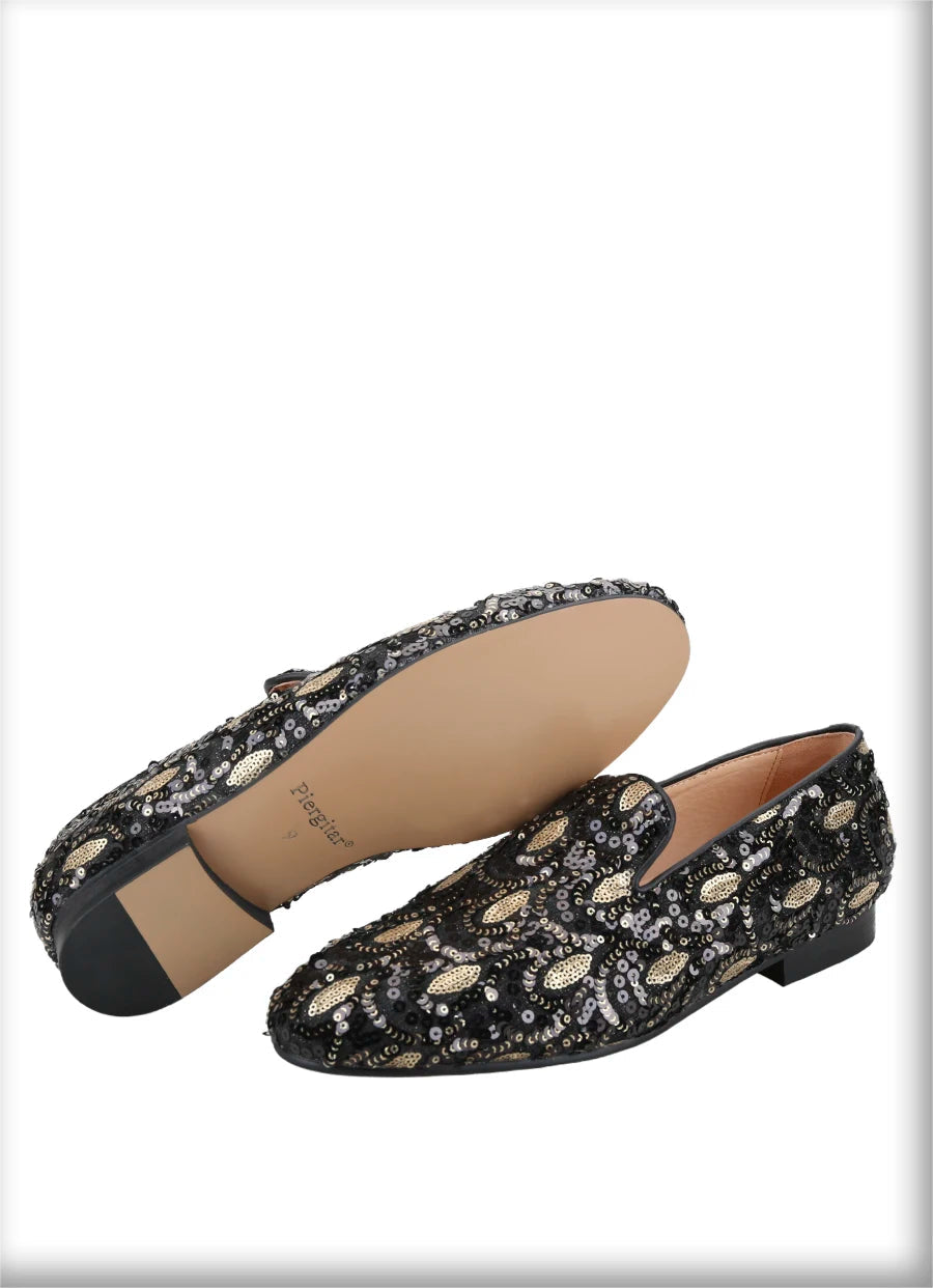 Mens smoking slippers handmade with leather insoles and gold and black glitter beads