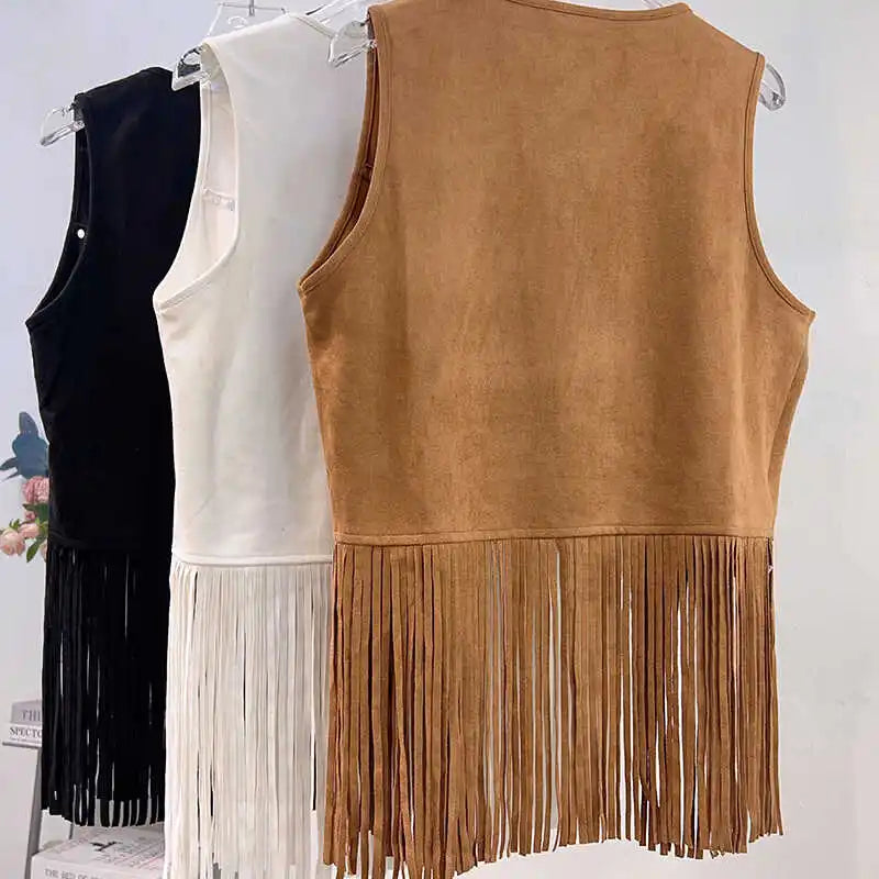 Retro Western Cowboy Style Soft Suede Tassel Vest Spring Autumn Sleeveless Cardigan Women Casual Waistcoat Sweetwear