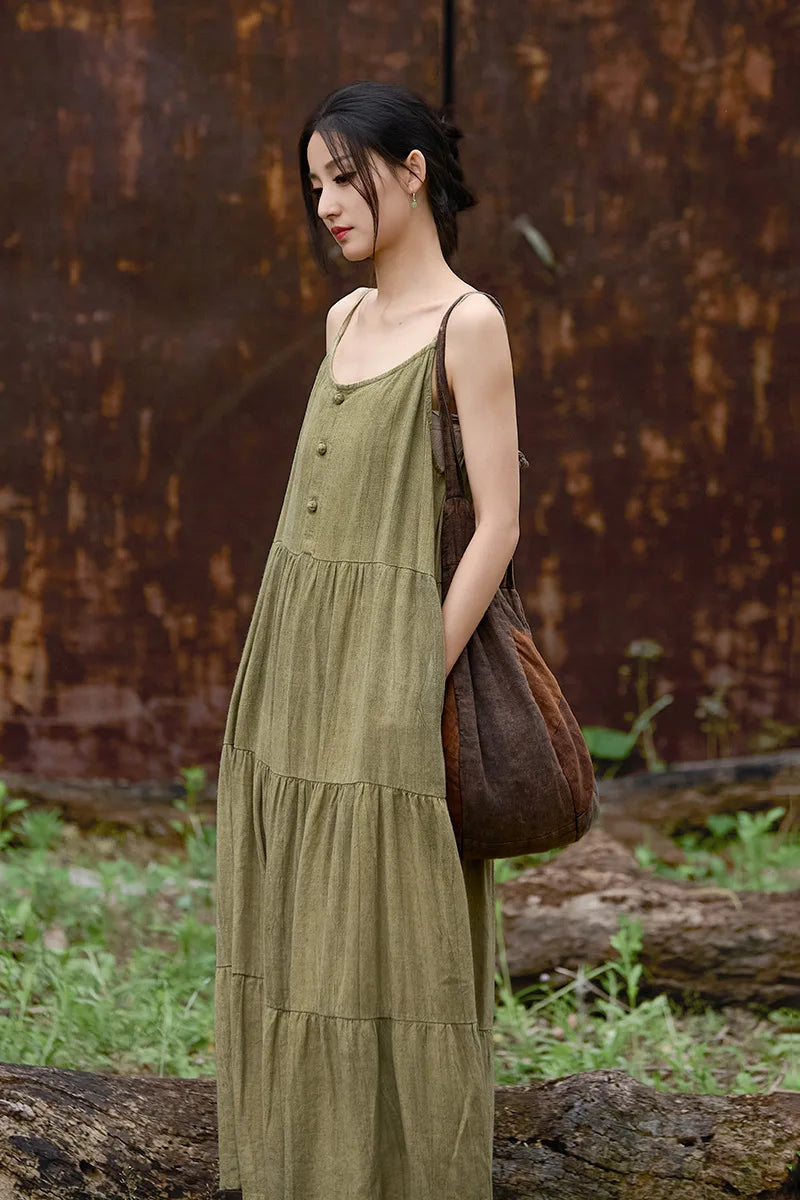 Cotton Linen Long Spaghetti Strap Dress