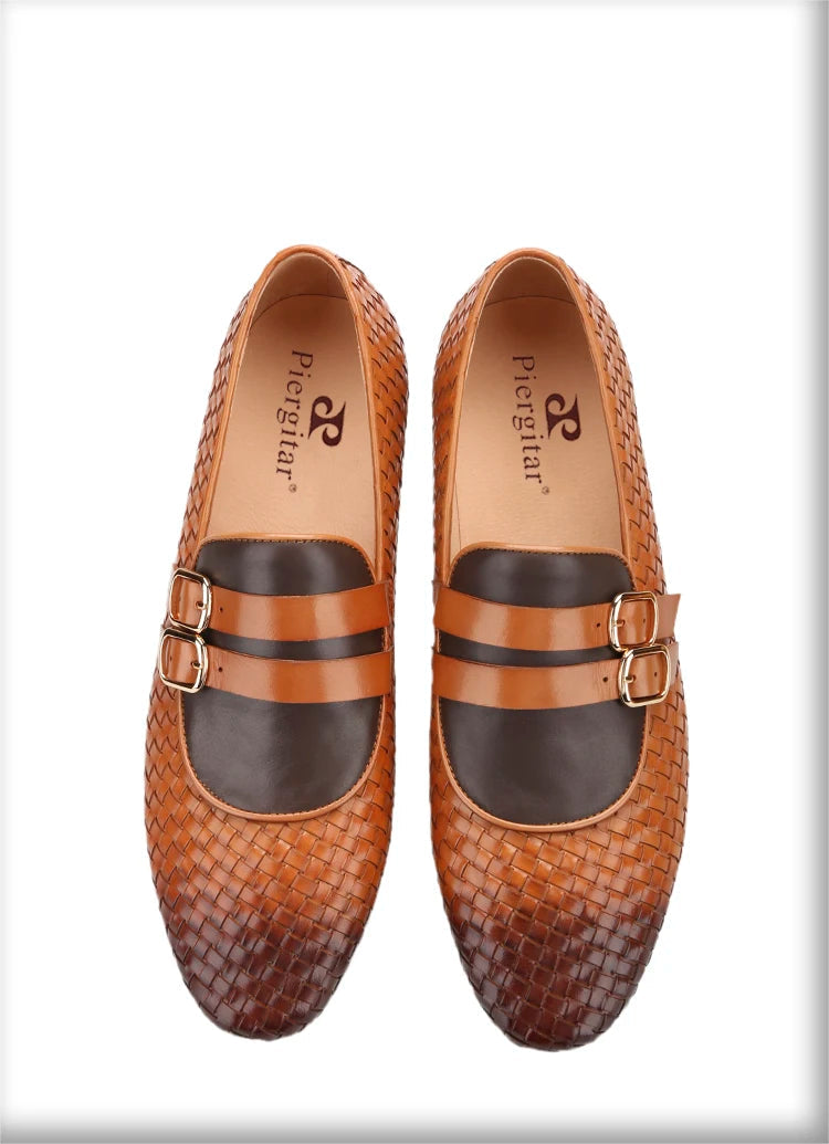 Men's Hand-Rubbed Brown Woven Calfskin Monk Shoes with Cross-Tied Handmade Loafers Genuine Lining