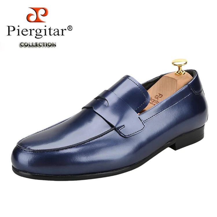 Piergitar Navy-Purple Smooth Genuine Leather Men's Penny Loafers Handmade Slip-On Male Flat Shoes For Party/Wedding Suit Wear