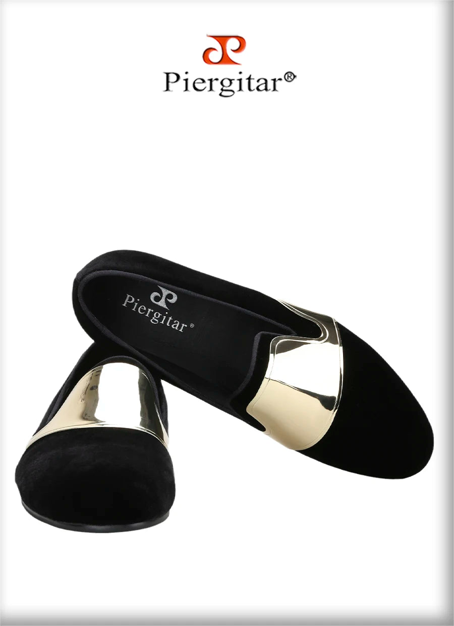 Piergitar Handmade Men Velvet Shoes With Across Gold Metal Buckles For Formal Suit Wear Fashion Party Slip-On Loafers Plus SIze