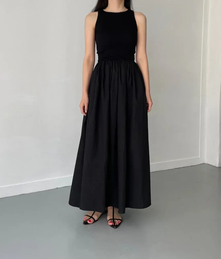 Simple Elegant Long Black Dresses For Woman Round Neck Sleeveless Low Waist