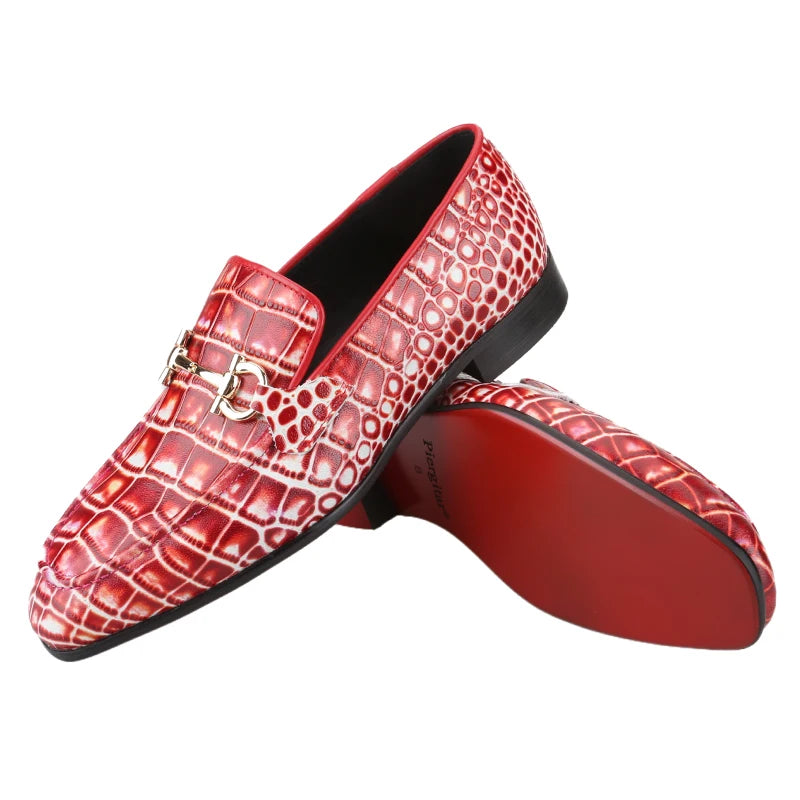 Piergitar Classic Model Gold Horsebits Men's Loafers Red And Light Green Crocodile Pattern Calfskin Handmade Slip-On Slippers