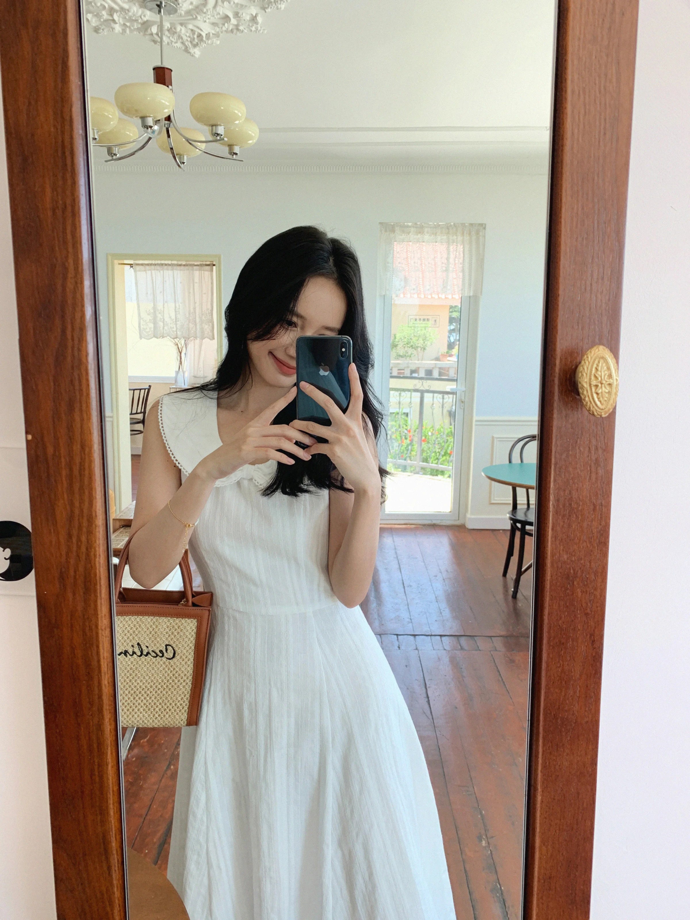 White Bow Jacquard Sundress Women Sweet Summer A-Line Dress with Tie Straps Petite Fit Flowy Midi Dress Cute Vacation Daily Wear