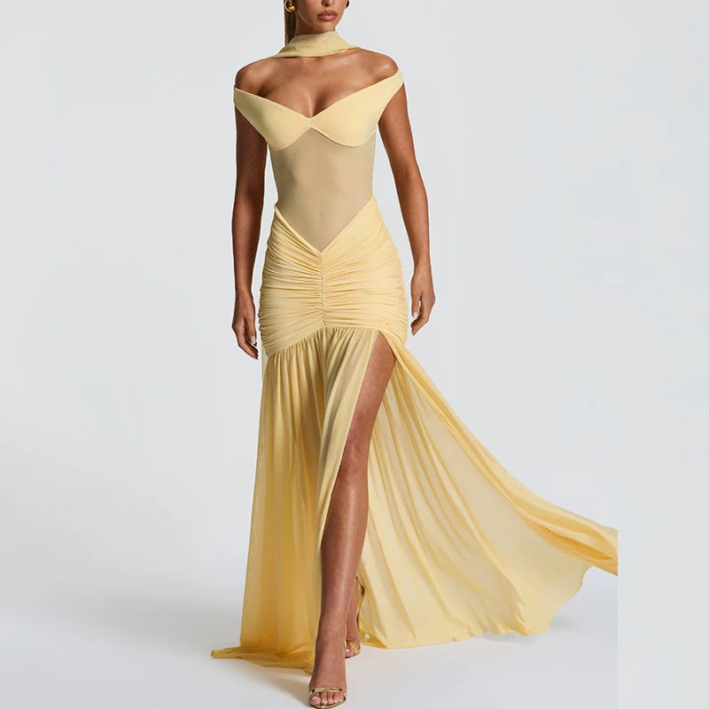 V-Neck Off Shoulder High Side Split Dress
