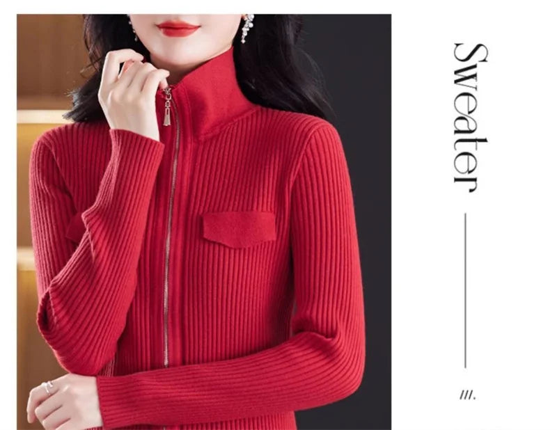 Spring Autumn Women Knitted Sweater Cardigan Short Jacket 2025 New Korean Fashion Zipper Solid Turn-Down Knit Coat Female Tops