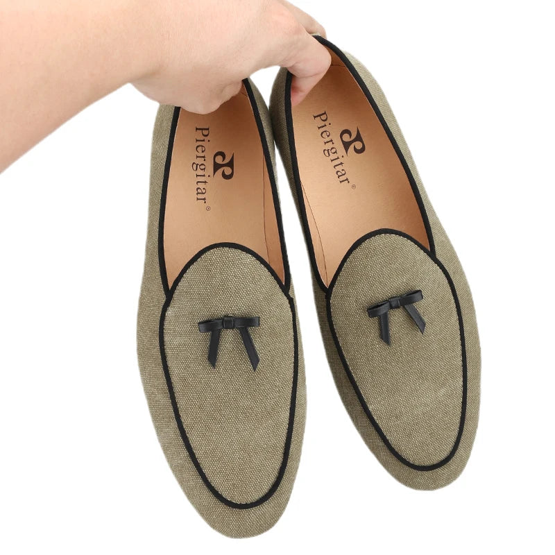 Three Colors Raw Canvas Belgian loafers with Calfskin Bows, Handmade Slip On Classic Mens Smoking Slippers