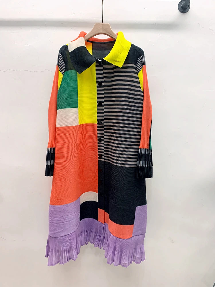 Miyake Women's Color Matching Dress, Autumn and Winter New Fashion Print Pleats, Medium Length, Loose Length Skirt