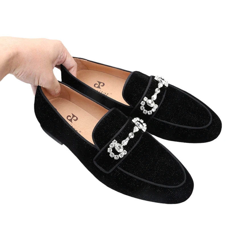Black Velvet Loafers For Men With Crystal Rhinestone Horsebit Embellishments