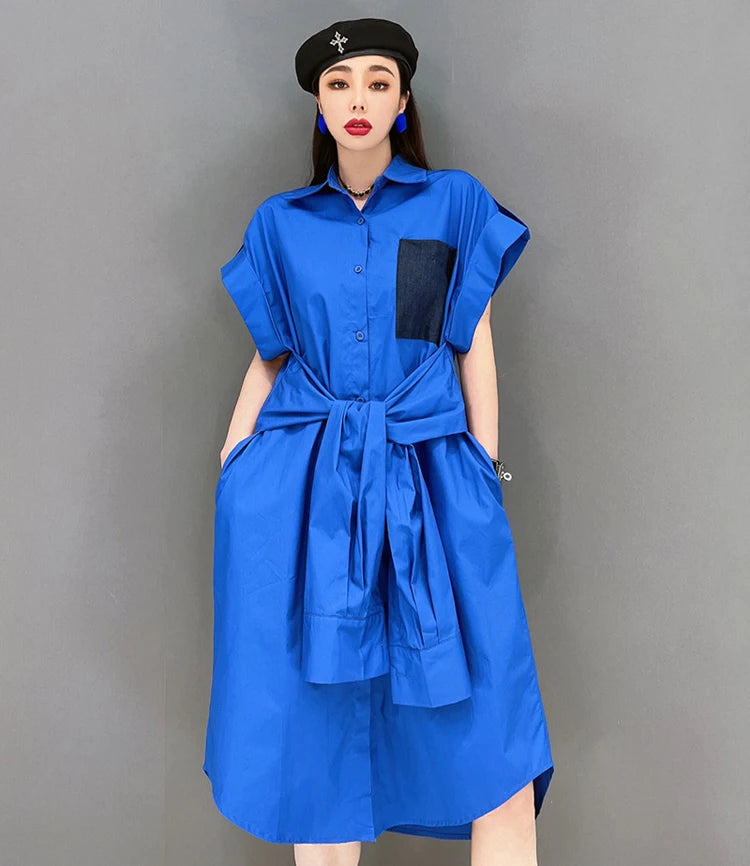Extra Sleeves Decorated New 2025 Summer Korean Style Woman Purple Shirt Dress Loose Fit Chic Unique Big Size Casual Robe JKXD005