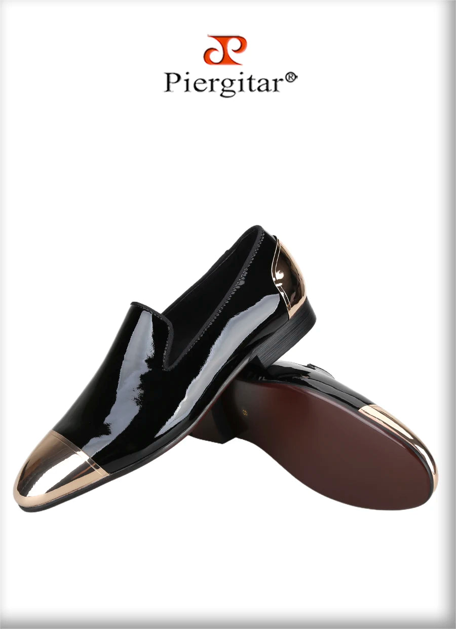 Piergitar Black/White Patent Leather Slip-On Slippers For Party Customised Front And Rear Metal Buckles Handmade Men's Loafers
