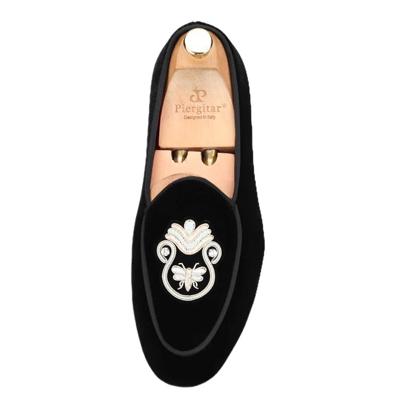 Black Velvet Men's Loafers with Embroidered Bee Rhinestone Patches and Red Outsole