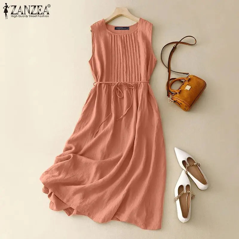 ZANZEA Women Round Neck A-lin Midi Dress Korean Casual Tank Robe Casual Solid Pleated Vestidos 2024 Summer Sleeveless Sundress