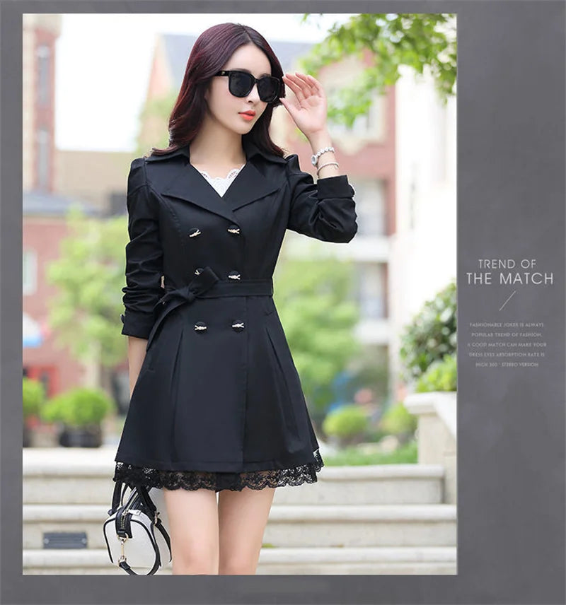 2025Spring Autumn New Windbreaker Coat Women Fashion Slim Mid Long Lace Trench Coat Female Casual Double-breasted Outerwear Tops