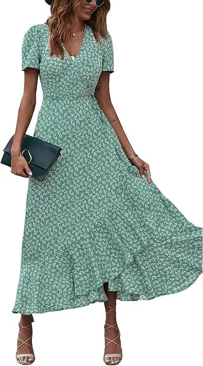 2025 Summer Women's Short-sleeved Dress V-neck Floral High Waist Slim and Stylish Bohemian Pleated Long Skirt