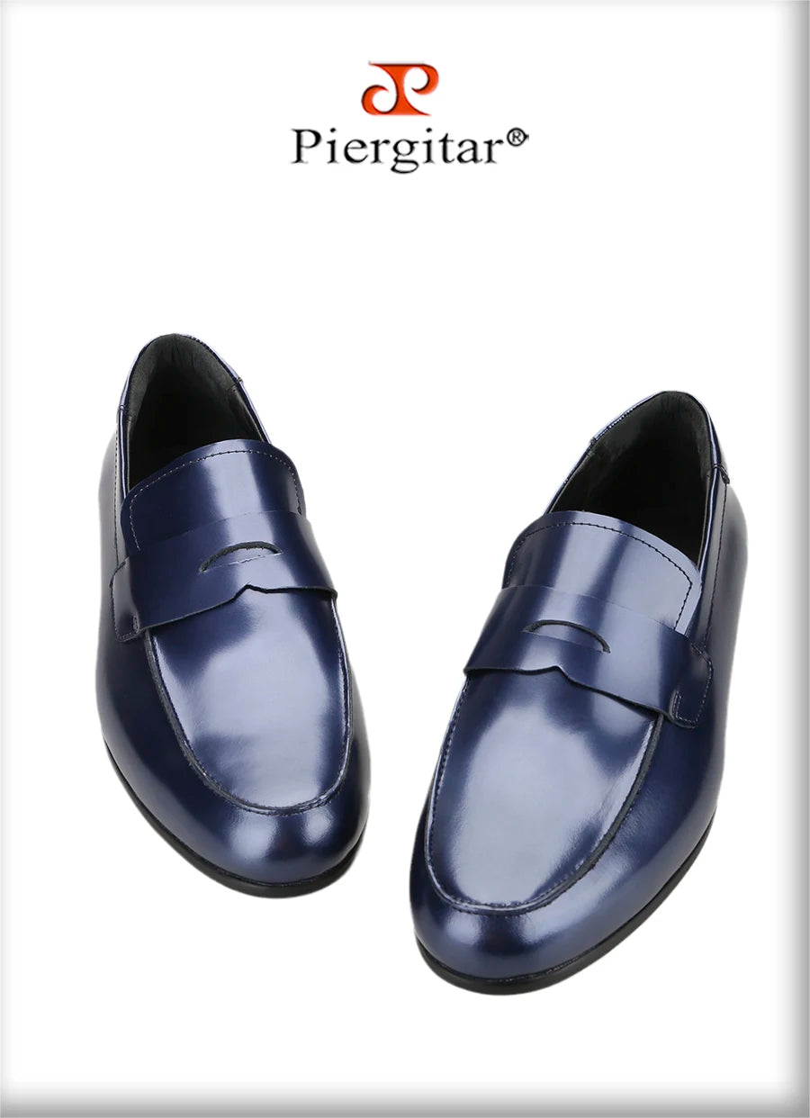 Piergitar Navy-Purple Smooth Genuine Leather Men's Penny Loafers Handmade Slip-On Male Flat Shoes For Party/Wedding Suit Wear