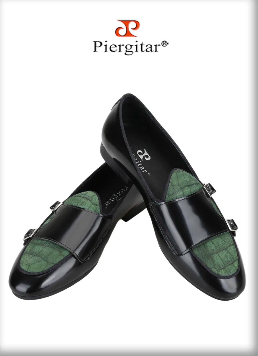 Piergitar Black Polished Leather Patchwork Green Crocodile Suede Men's Monk Shoes Handmade Slip-On Loafers For Wedding And Party